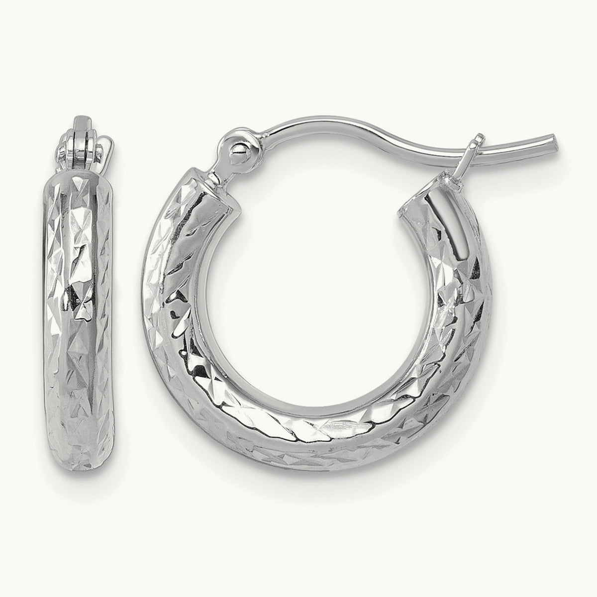 Diamond-cut Round Hoop Earrings — 10K White Gold