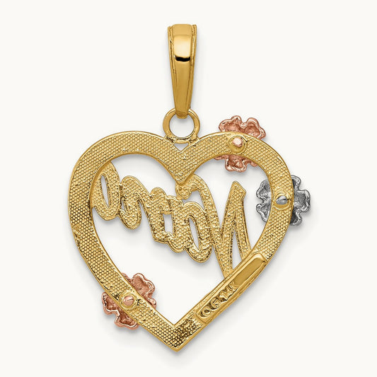 Tri-color NANA in Heart with Flowers Pendant, 14K