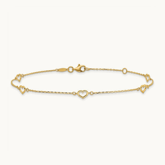 Polished Heart Link 9in Plus 1in ext. Anklet, 14K
