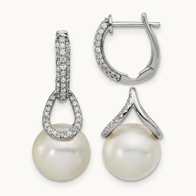 Polished Diamond and Pearl Dangle Hoop Earrings, 14K White Gold