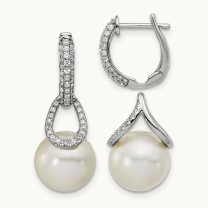 Polished Diamond and Pearl Dangle Hoop Earrings, 14K White Gold