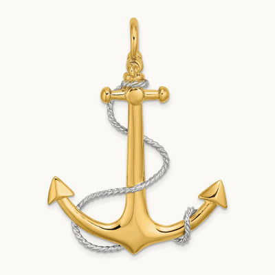 w/Rhodium 3-D Large Anchor w/Rope and Shackle Bail Charm, 14K