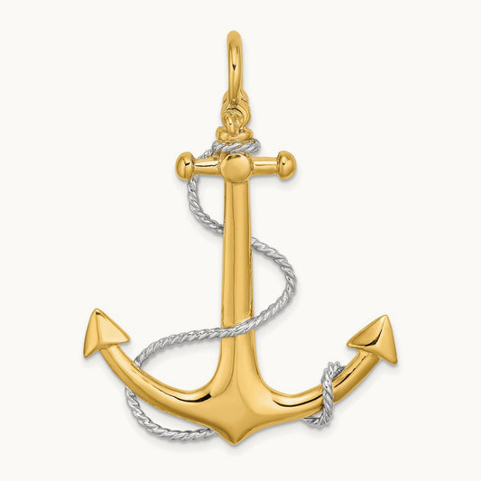 w/Rhodium 3-D Large Anchor w/Rope and Shackle Bail Charm, 14K