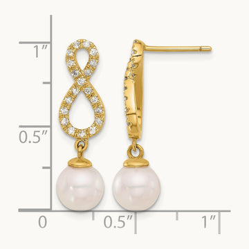 7- Rnd Wht Akoya Pearl and .40ct Dia Infinity Post Dangle Earrings, 8mm, 14K