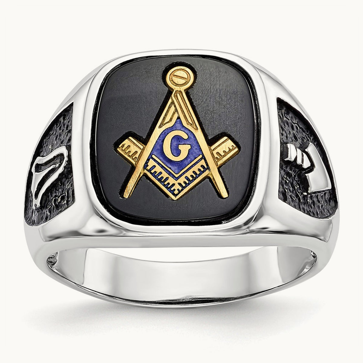 & Gold-plated Men's Textured w/ Black Enamel & Onyx Masonic Ring, 14K White Gold