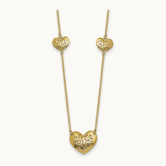 Polished and Textured Heart Station 16 w/2in ext. Necklace, 14K