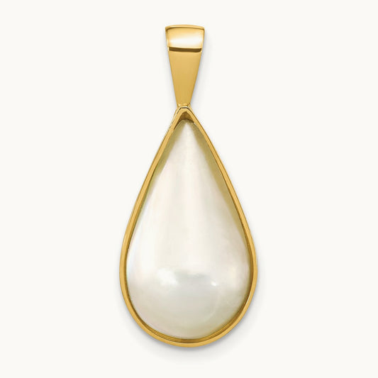 10x18mm White Teardrop Saltwater Mabe Pearl Pendant, 14K