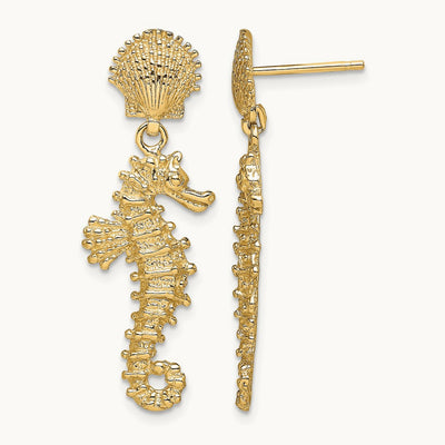 Seahorse Dangling From Shell Earrings, 14K