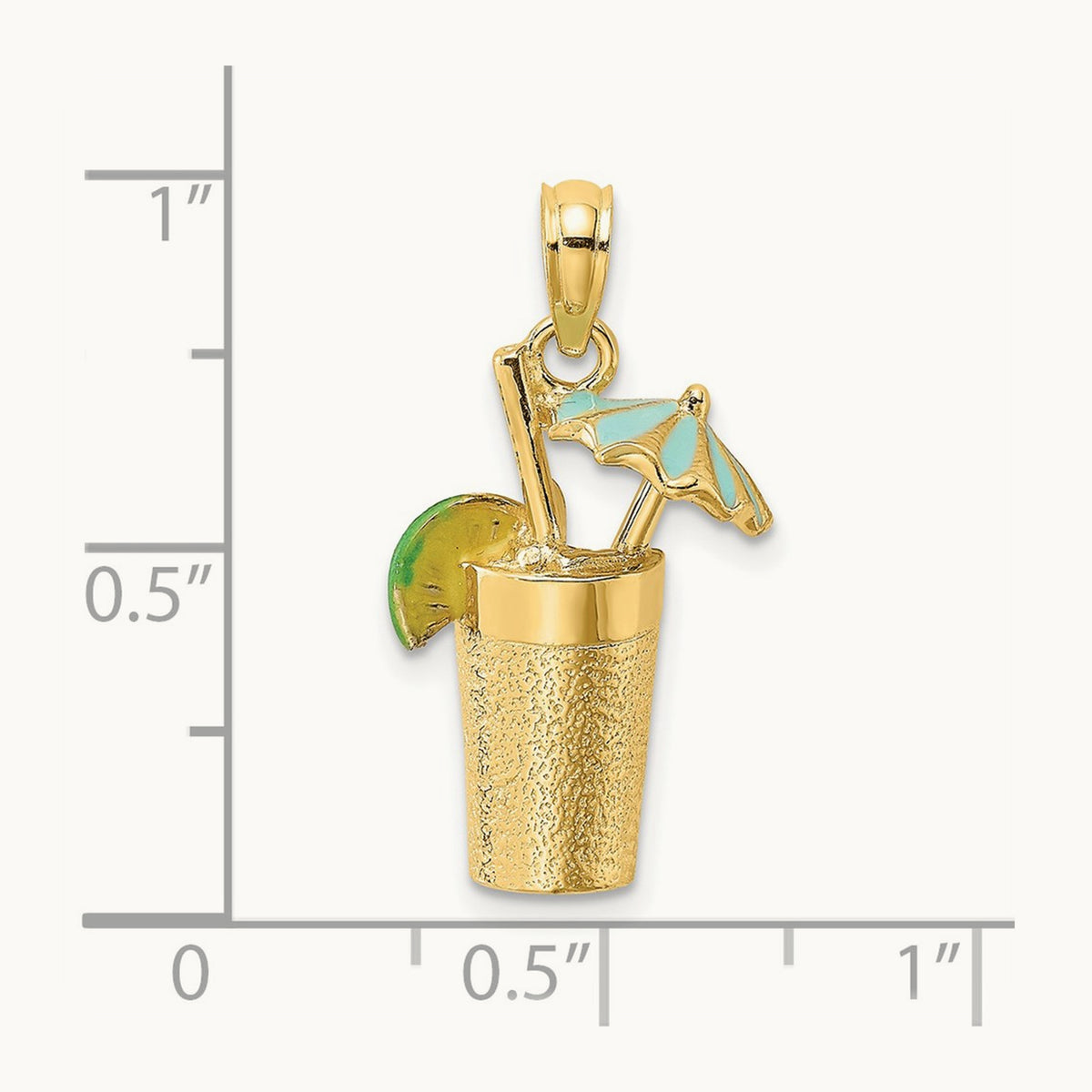 3-D Cocktail Drink w/ Enamel Umbrella and Lime Charm, 14K