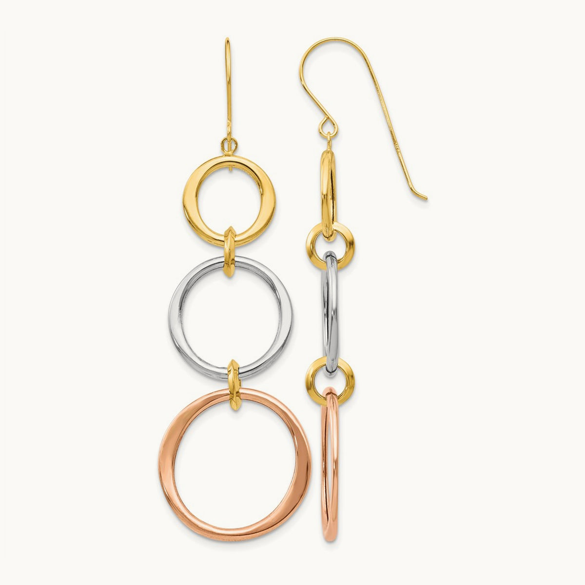 Tri-color Triple Circle Dangle Earrings, 14K