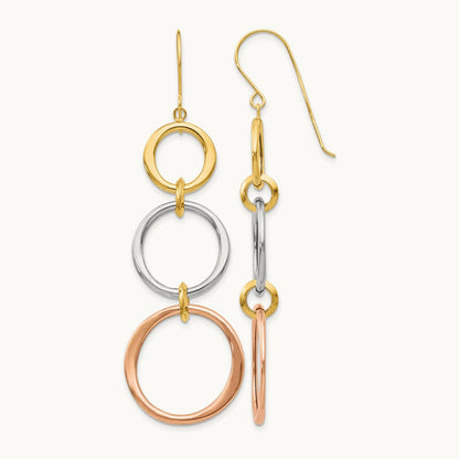 Tri-color Triple Circle Dangle Earrings, 14K