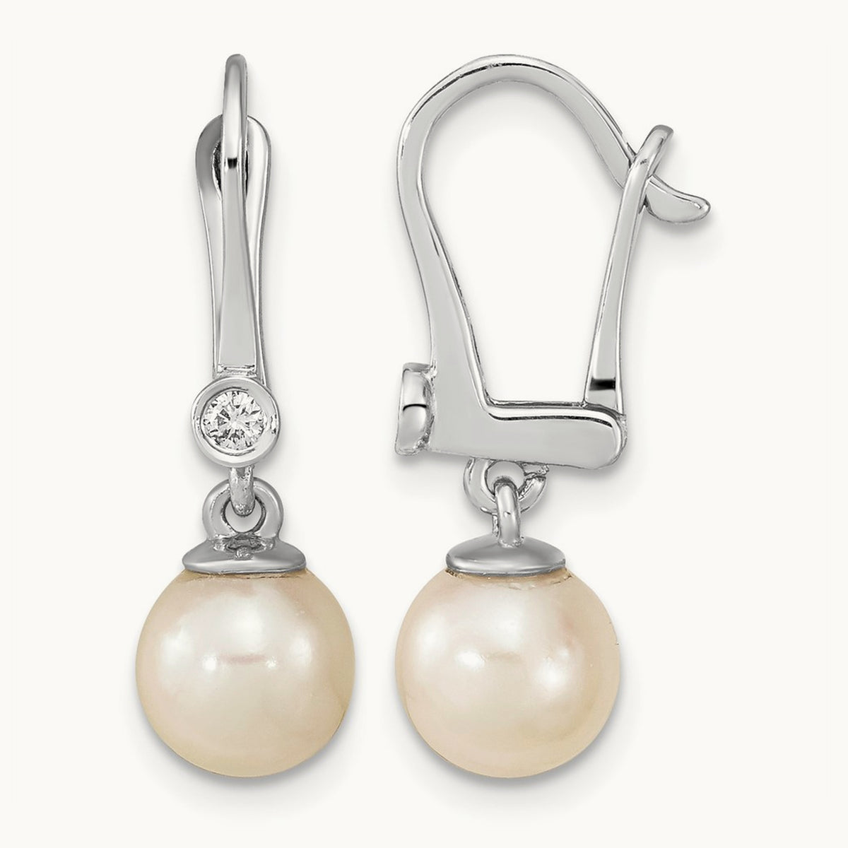 7- Round White Saltwater Akoya Pearl .05ct Dangle Earring, 8mm, 14K White Gold
