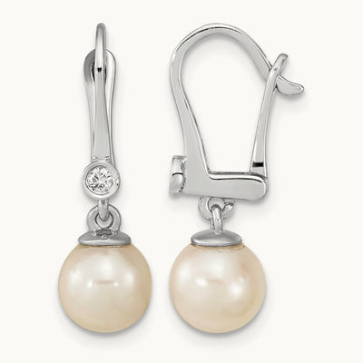7- Round White Saltwater Akoya Pearl .05ct Dangle Earring, 8mm, 14K White Gold