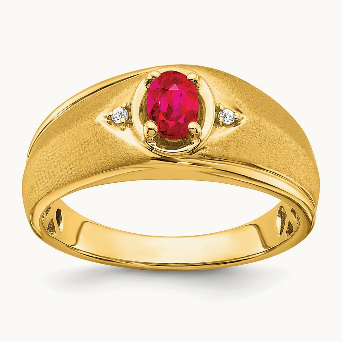 Oval Ruby and Diamond Men's Ring — 14K Yellow Gold, 10
