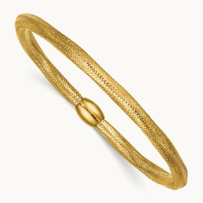 Polished Flexible Mesh with Bead Slip-on Stretch Bracelet, 14K