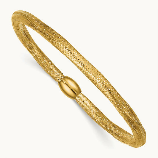 Polished Flexible Mesh with Bead Slip-on Stretch Bracelet, 14K