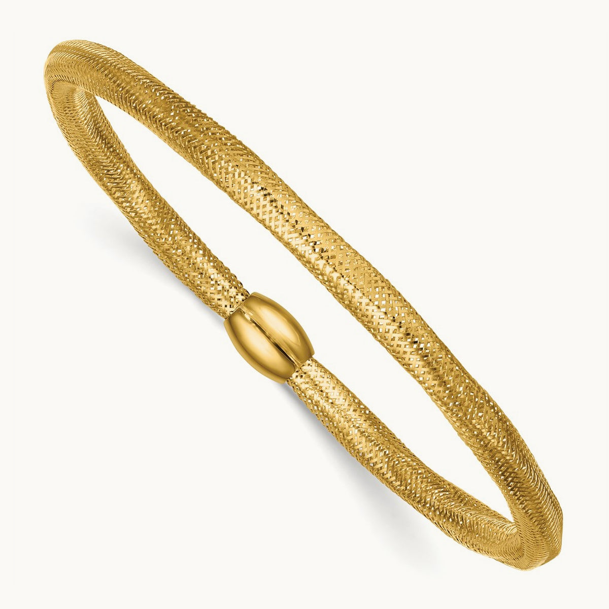 Polished Flexible Mesh with Bead Slip-on Stretch Bracelet, 14K