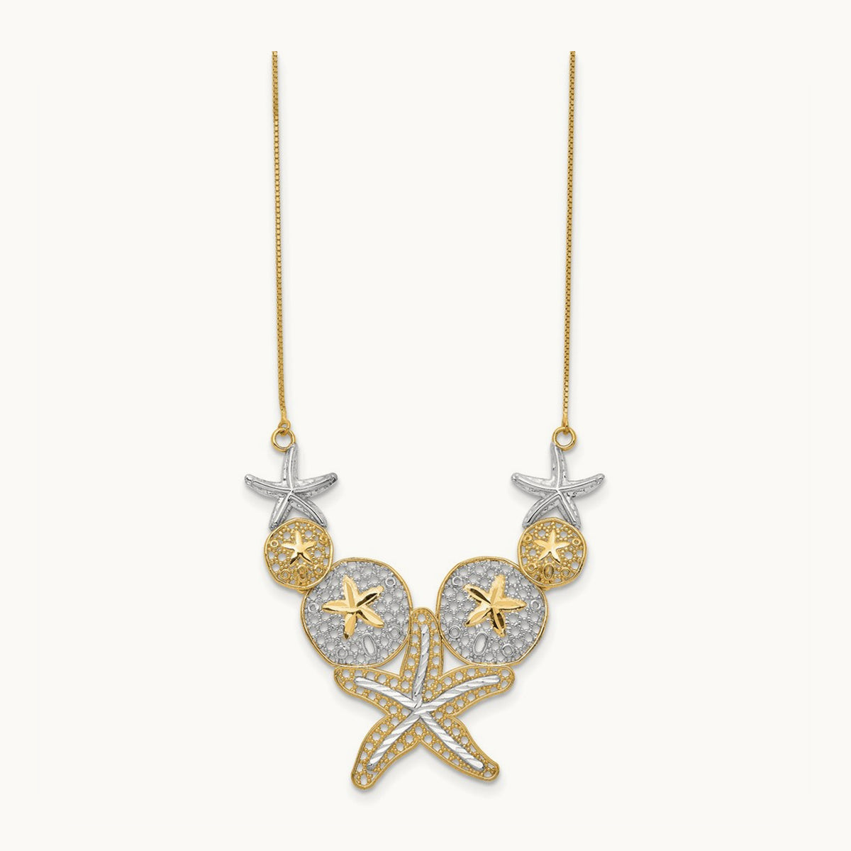 & Rhodium Diamond-cut Starfish and Sand Dollar Necklace, 14K