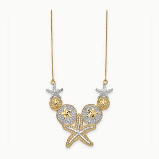 & Rhodium Diamond-cut Starfish and Sand Dollar Necklace, 14K