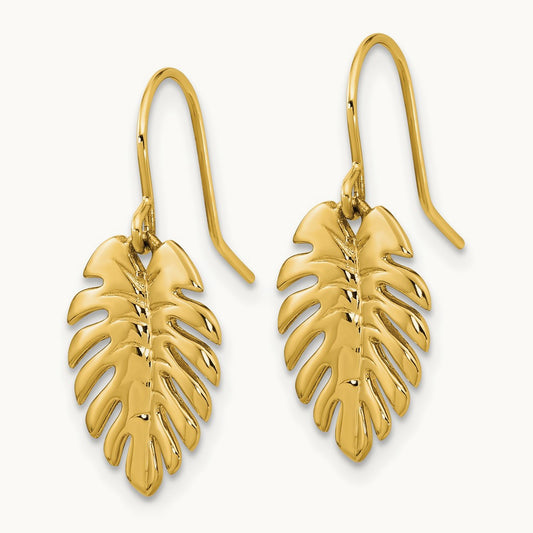 Polished Palm Leaf Dangle Earrings, 14K