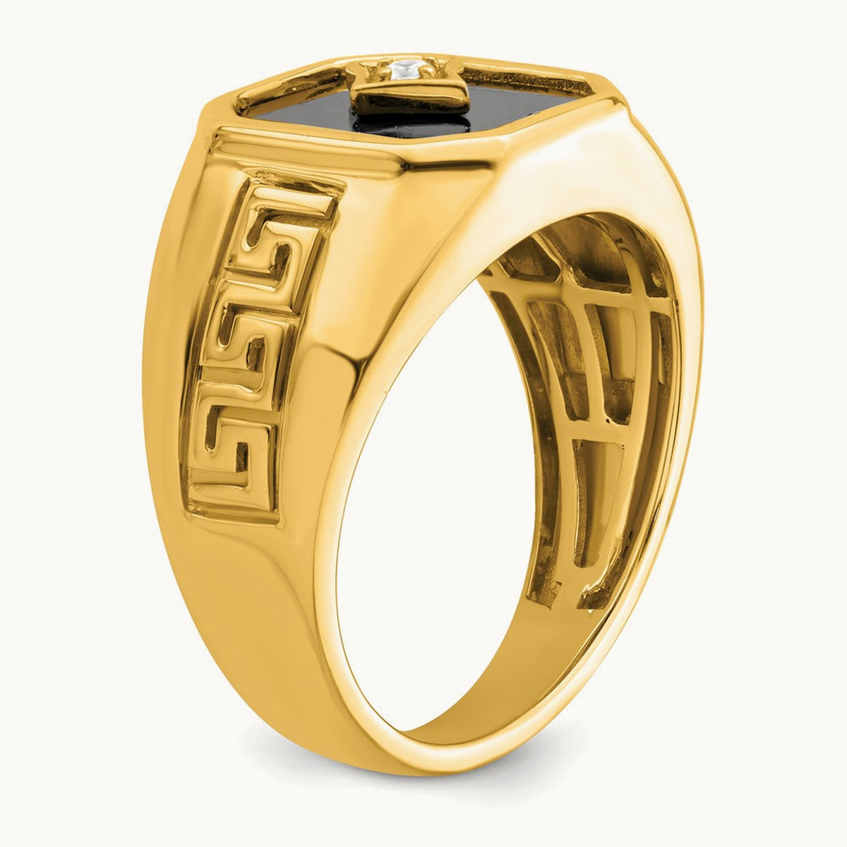 Onyx and Diamond Greek Key Design Mens Ring, 14K