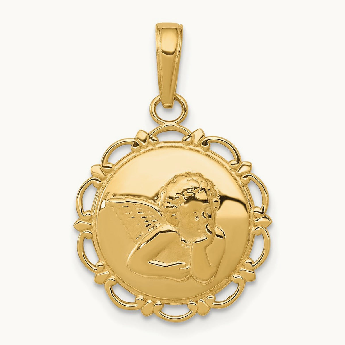 Polished Angel On Round Scallop Frame Pendant — 14K Yellow Gold