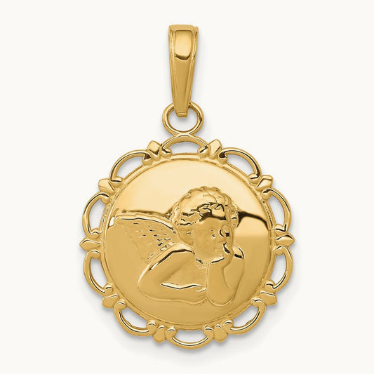 Polished Angel On Round Scallop Frame Pendant, 14K
