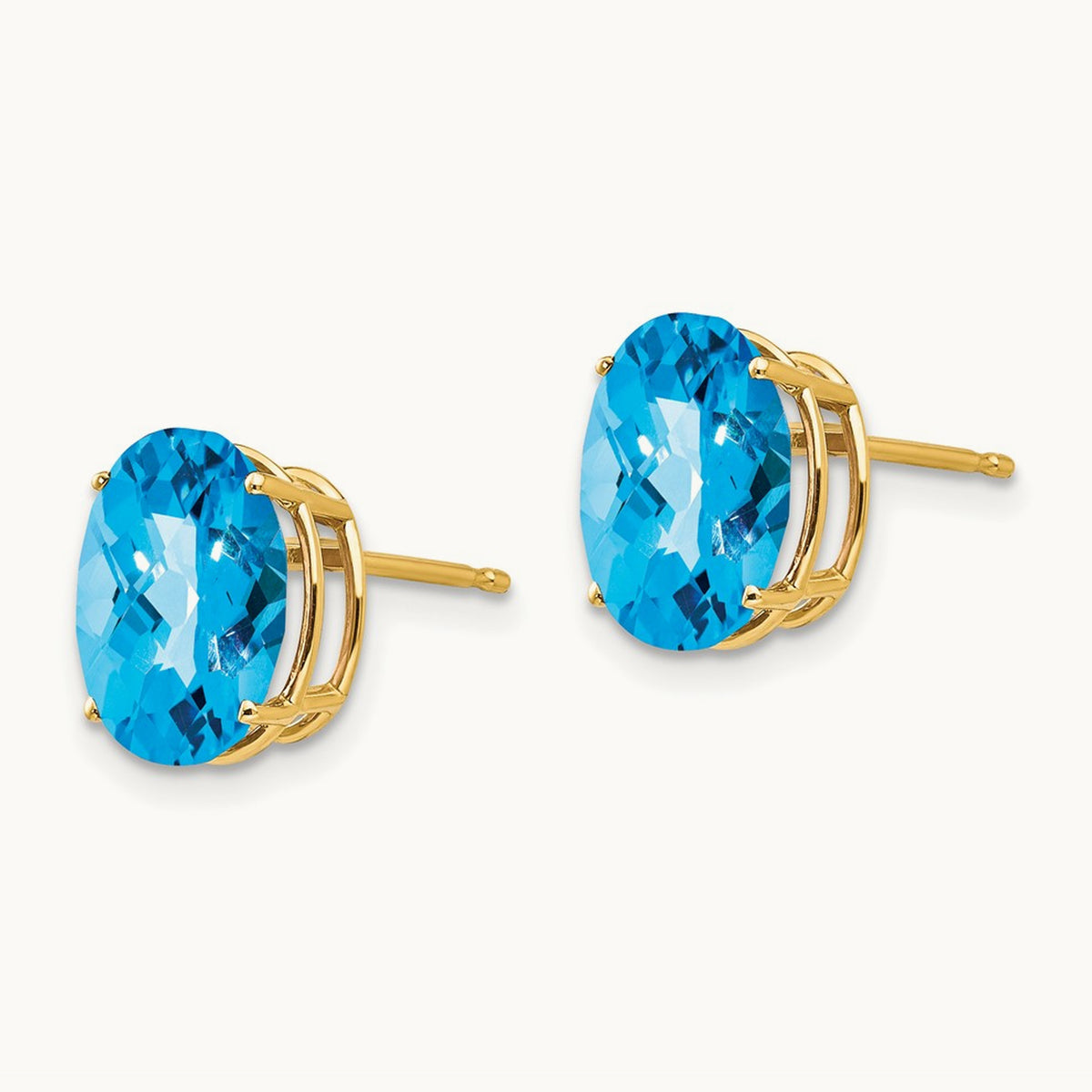10x8mm Oval Blue Topaz Checker Earrings, 14K