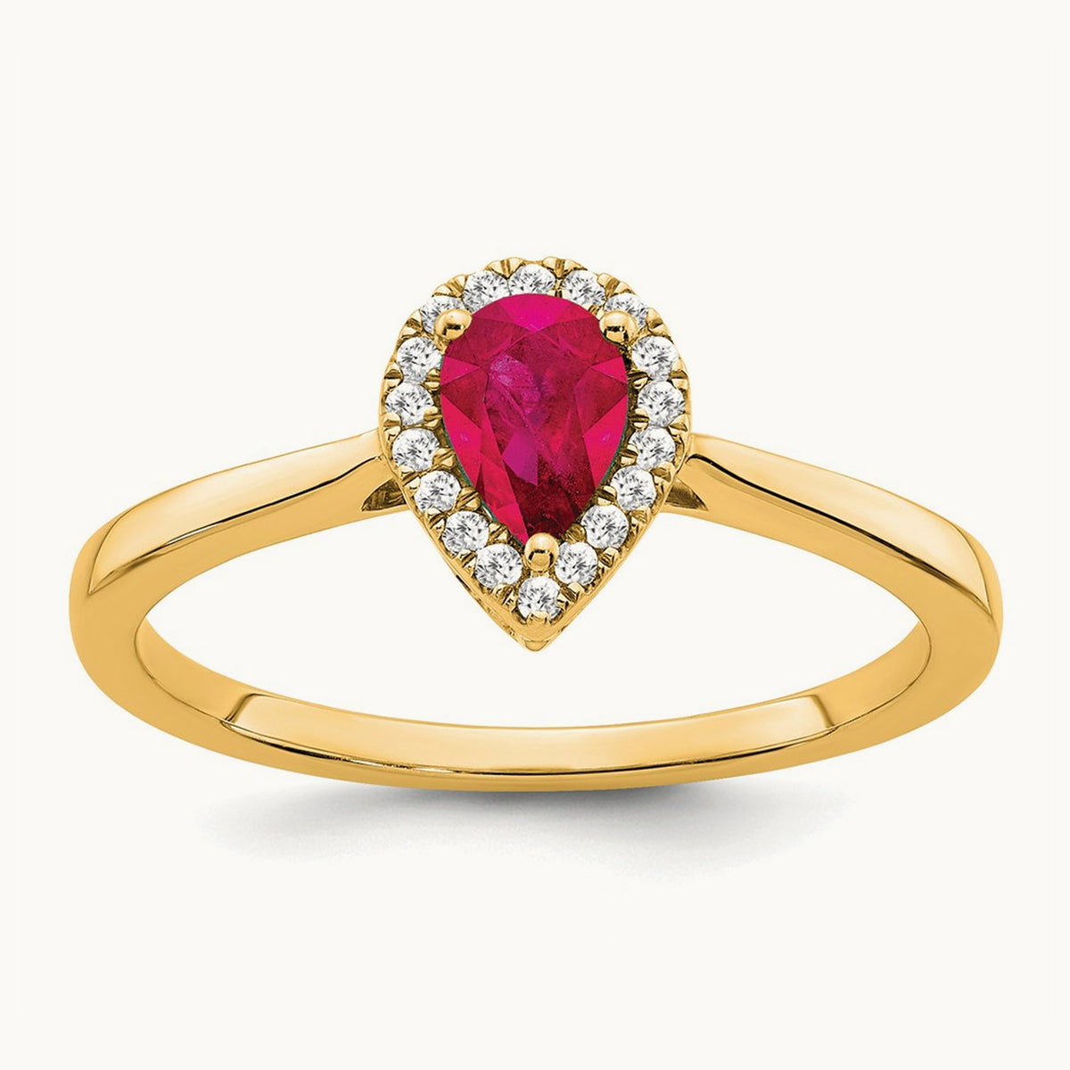 Pear Ruby and Diamond Halo Ring, 14K