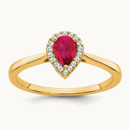 Pear Ruby and Diamond Halo Ring, 14K