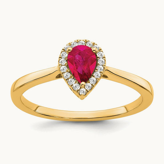 Pear Ruby and Diamond Halo Ring, 14K