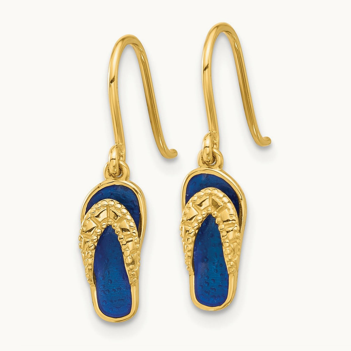 Polished Blue Enameled Flip Flop Shepherd Hook Dangle Earrings, 14K