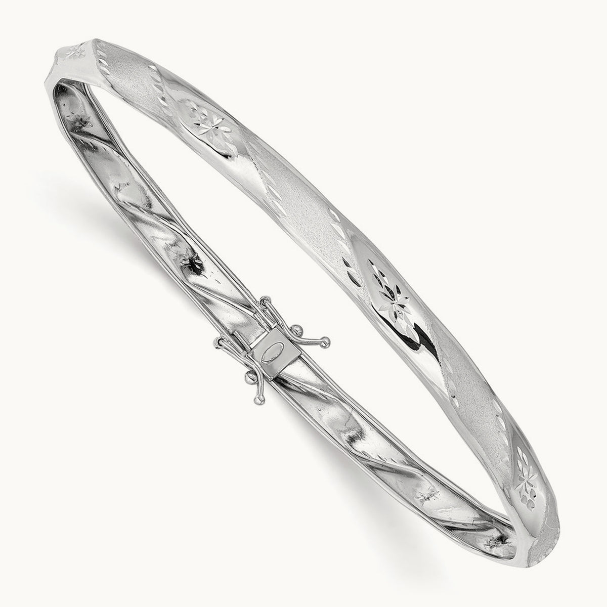Polished Satin Diamond-cut Flexible Bangle — 14K White Gold