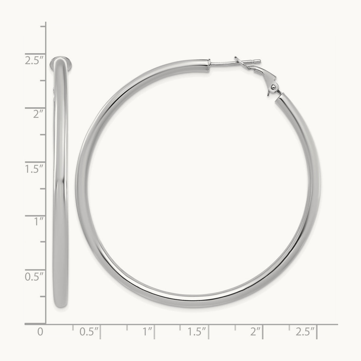 Polished Round Omega Back Hoop Earrings — 14K White Gold, 3x57mm