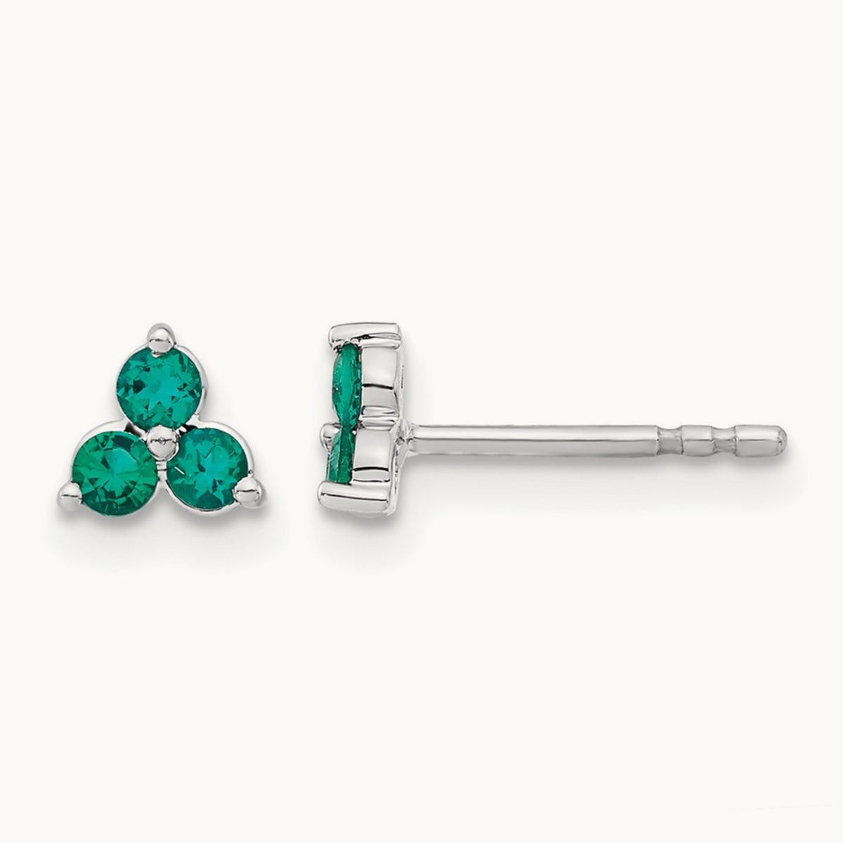 3-stone Created Emerald Triangle Earrings, 14K White Gold