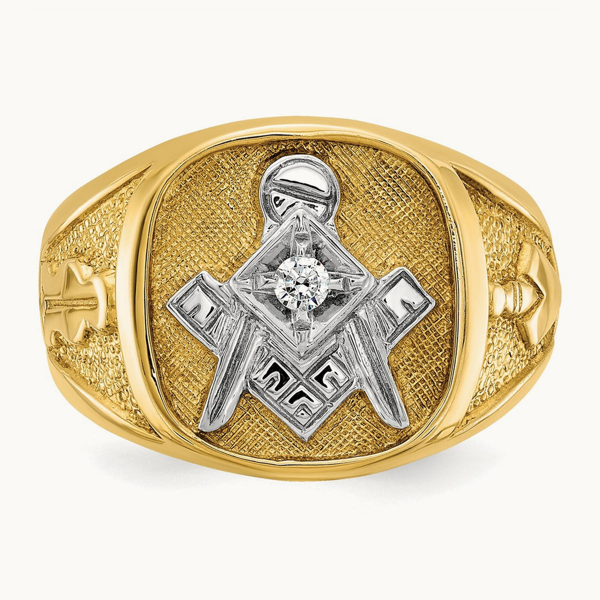 w/ White RH IBGoodman Textured Diamond Blue Lodge Masonic Ring, 14K