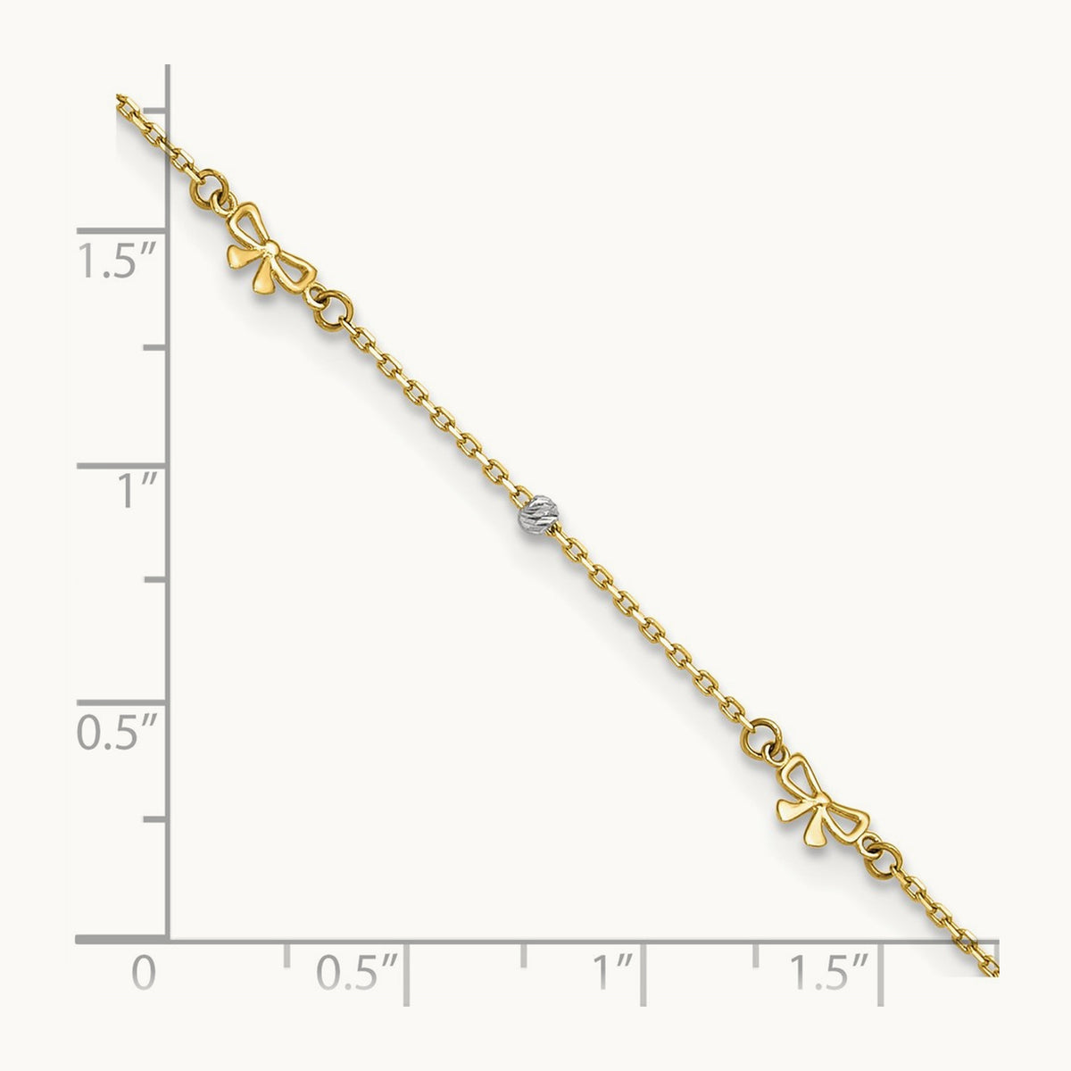 Polished 9in Plus 1in ext. D/C Bead and Bows Anklet, 14K Two-tone