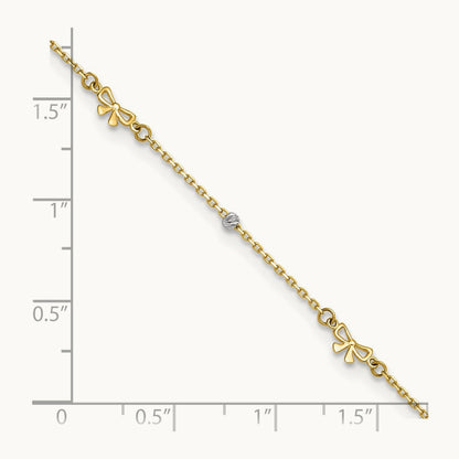Polished 9in Plus 1in ext. D/C Bead and Bows Anklet, 14K Two-tone
