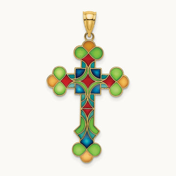 Multi Color Enameled Cross Charm, 14K