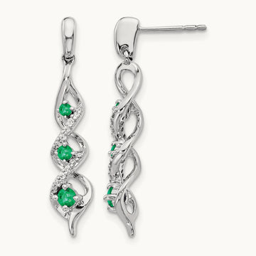 Diamond and Emerald Post Dangle Earrings, 14K White Gold