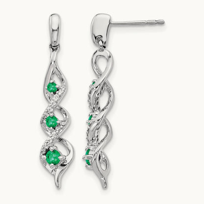 Diamond and Emerald Post Dangle Earrings, 14K White Gold