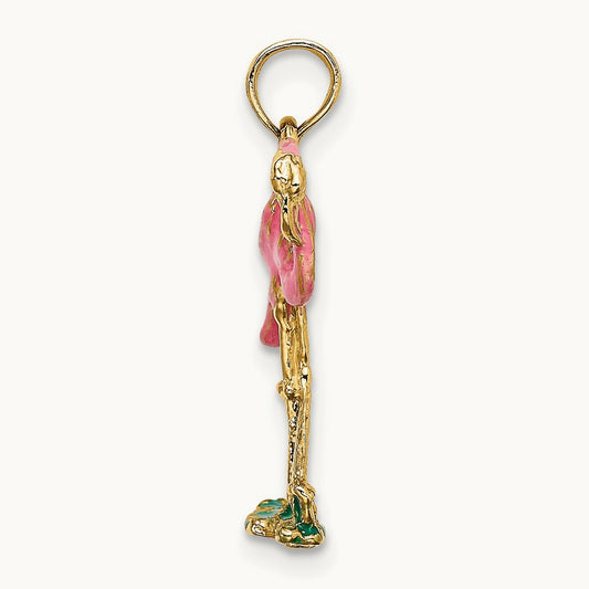 3-D Pink Enamel Flamingo Charm, 14K