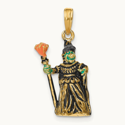 3-D Enameled Witch w/Broom Charm, 14K