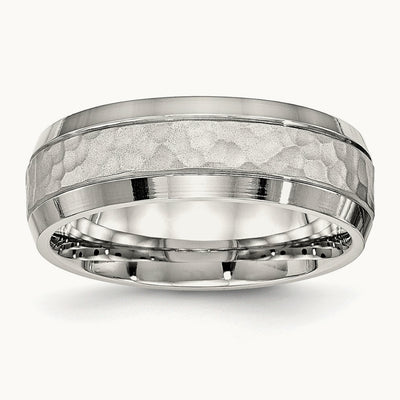 Brushed Polished and Hammered Band, 7.5mm, Stainless Steel