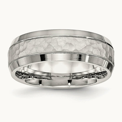 Brushed Polished and Hammered Band, 7.5mm, Stainless Steel