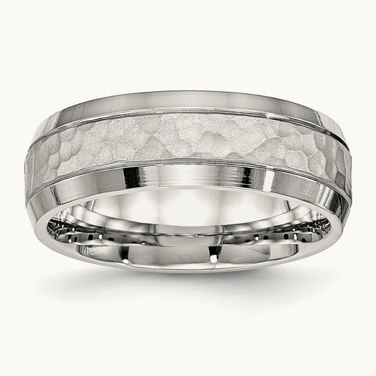 Brushed Polished and Hammered Band, 7.5mm, Stainless Steel