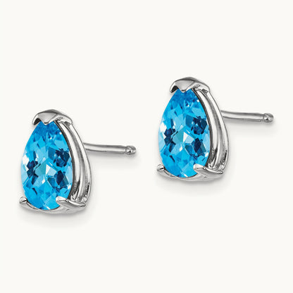 8x5mm Pear Blue Topaz Checker Earrings, 14K White Gold