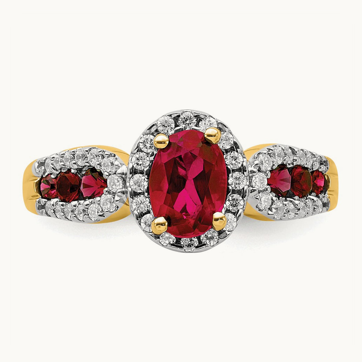Oval Created Ruby Ring, 0.25 ct tw Lab-Grown Diamond — 14K Yellow Gold