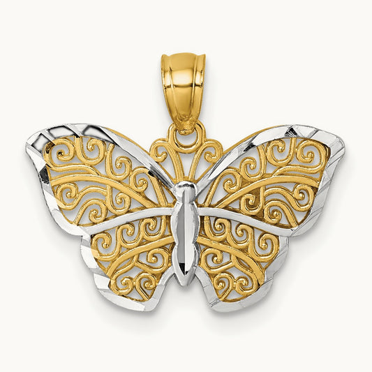 Polished w/Rhodium Diamond-cut Filigree Butterfly Pendant, 14K