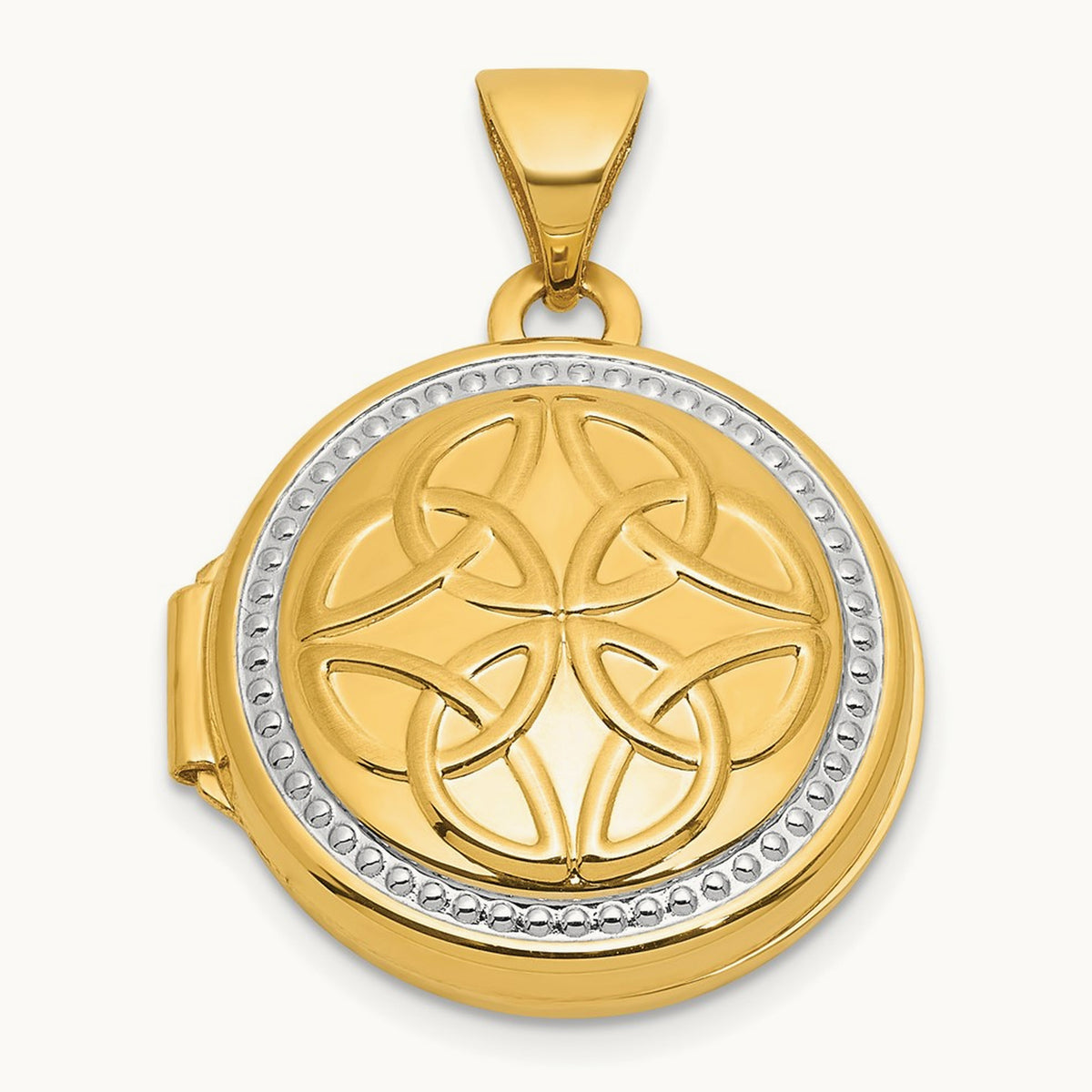 Polished Celtic Round Locket, 16mm, 14K with White Rhodium